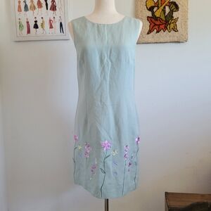 Savannah | 90s Vintage Linen Blend Mint Green Floral Shift Dress